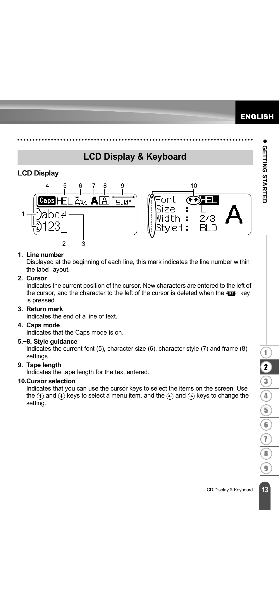Lcd display & keyboard, Lcd display | Brother PT-18R User Manual | Page 19 / 71