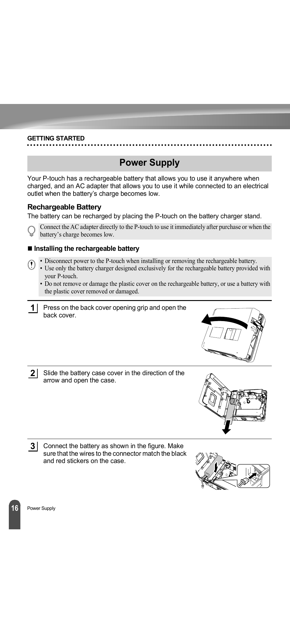 Power supply, Rechargeable battery, P. 16 | Brother PT-18R User Manual | Page 22 / 71