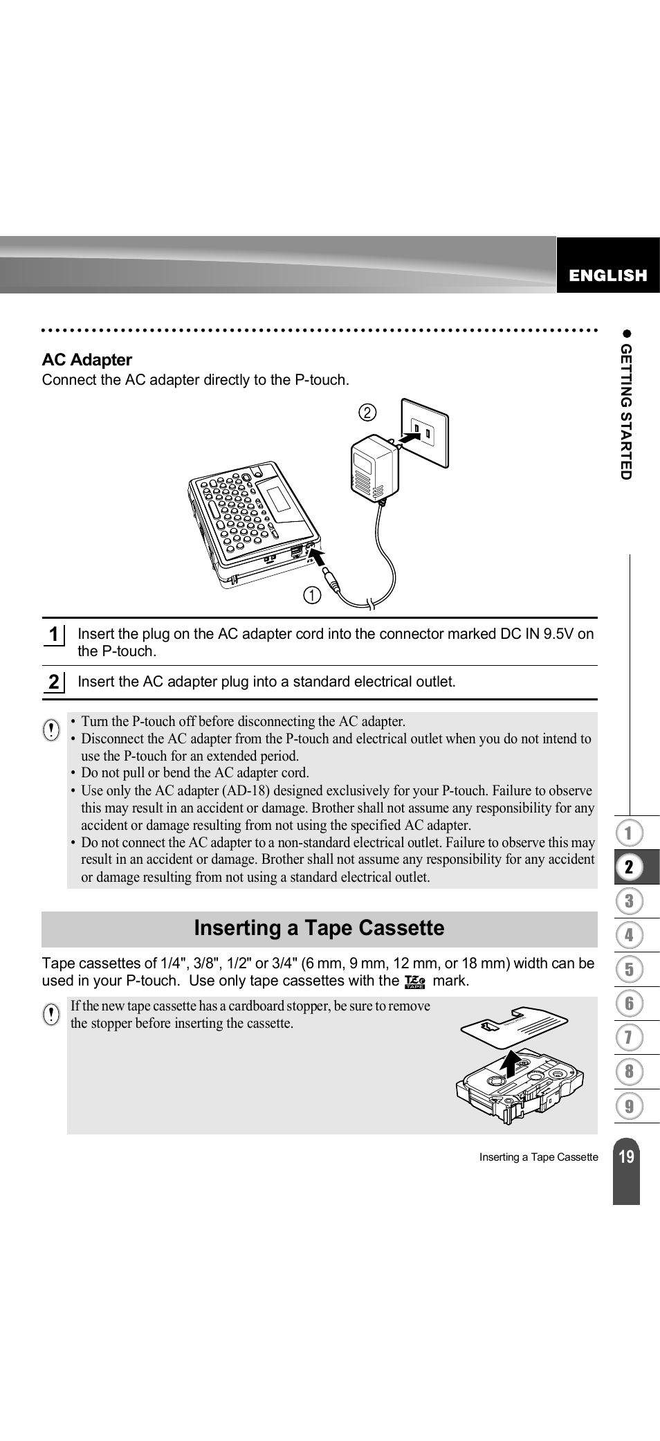 Ac adapter, Inserting a tape cassette, P. 19 | Brother PT-18R User Manual | Page 25 / 71