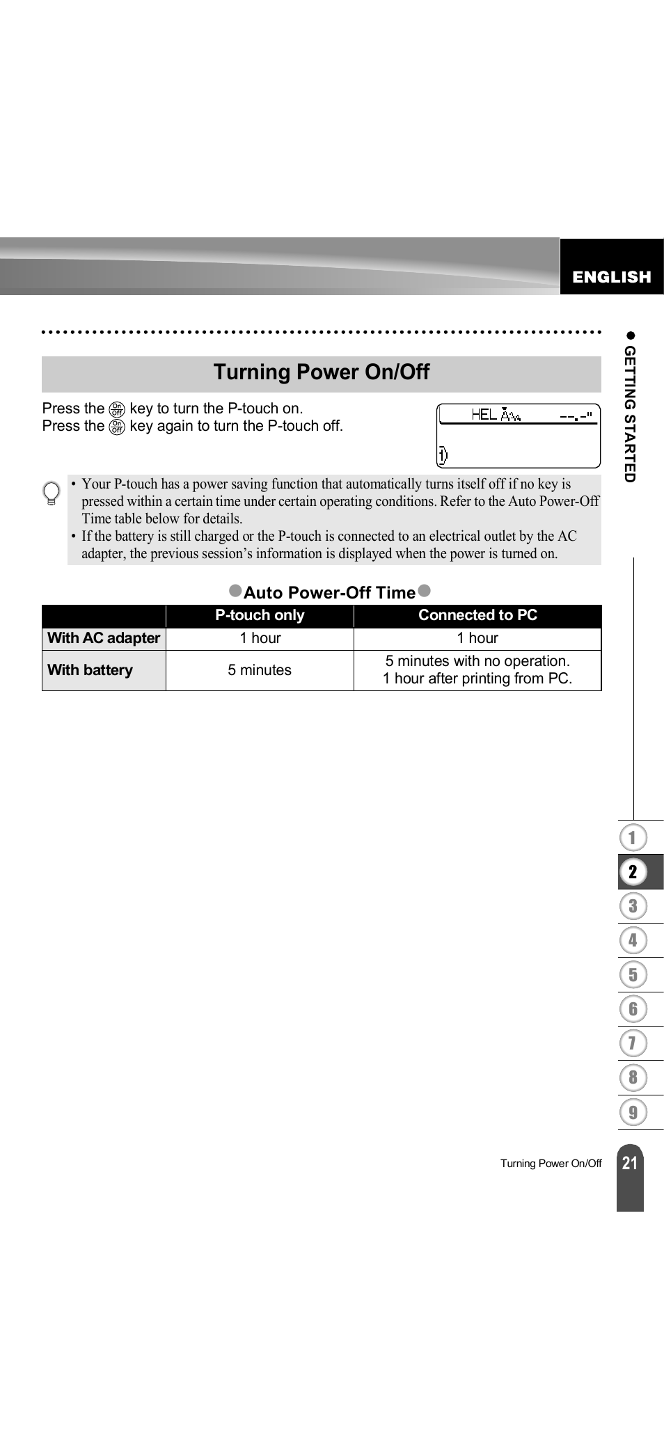 Turning power on/off, P. 21, Zturning power on/off | Brother PT-18R User Manual | Page 27 / 71