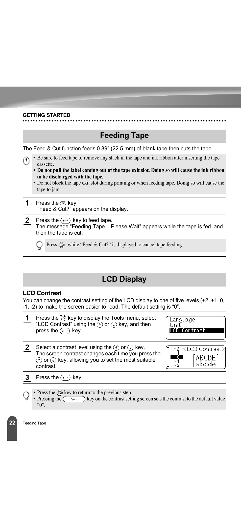 Feeding tape, Lcd display, Lcd contrast | Feeding tape lcd display | Brother PT-18R User Manual | Page 28 / 71