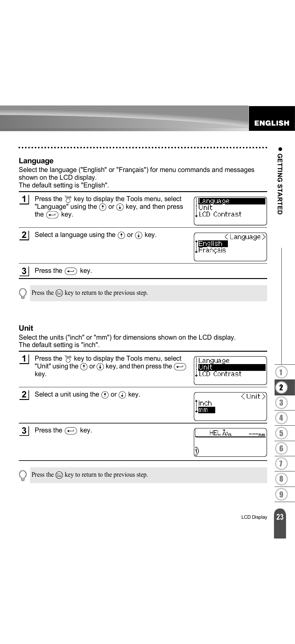 Language, Unit, Language unit | Brother PT-18R User Manual | Page 29 / 71