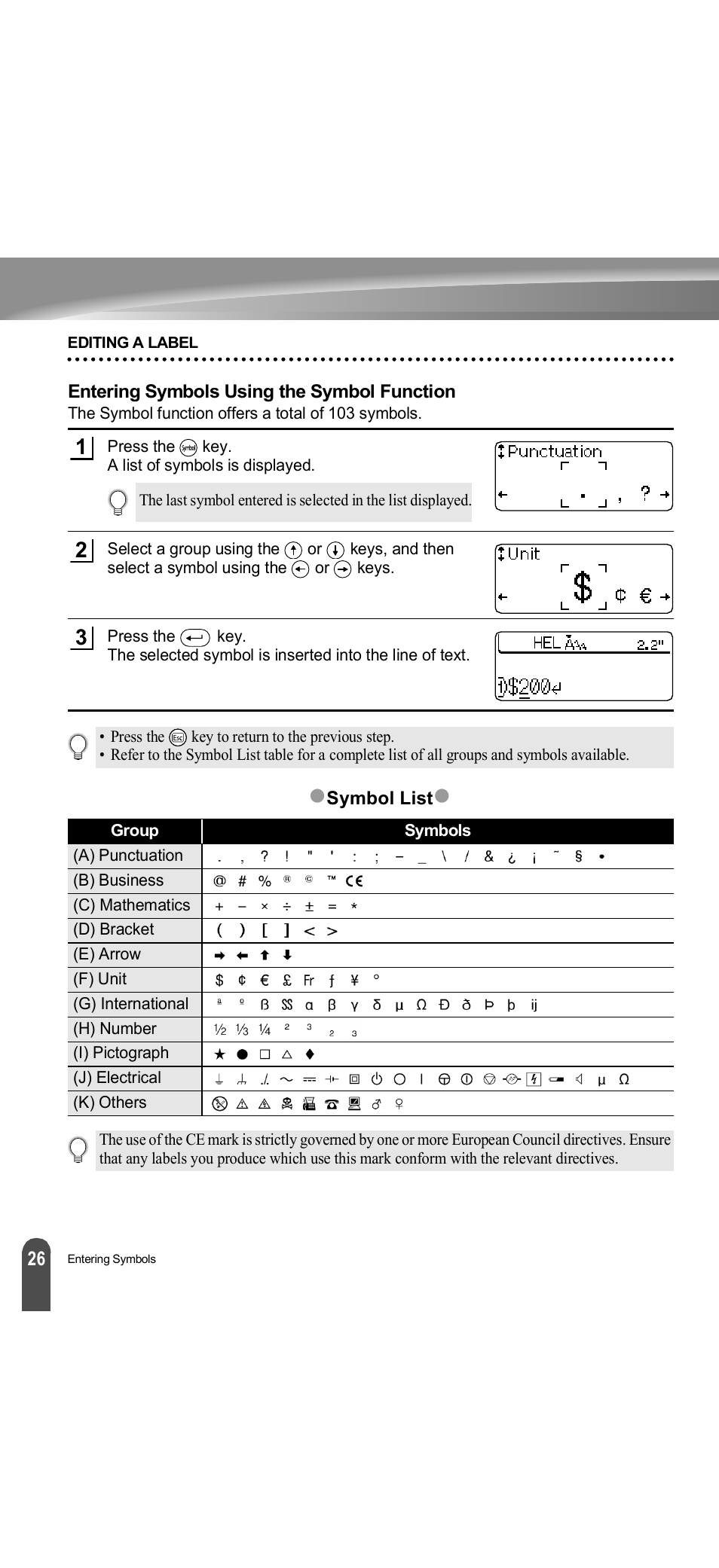 Entering symbols using the symbol function | Brother PT-18R User Manual | Page 32 / 71