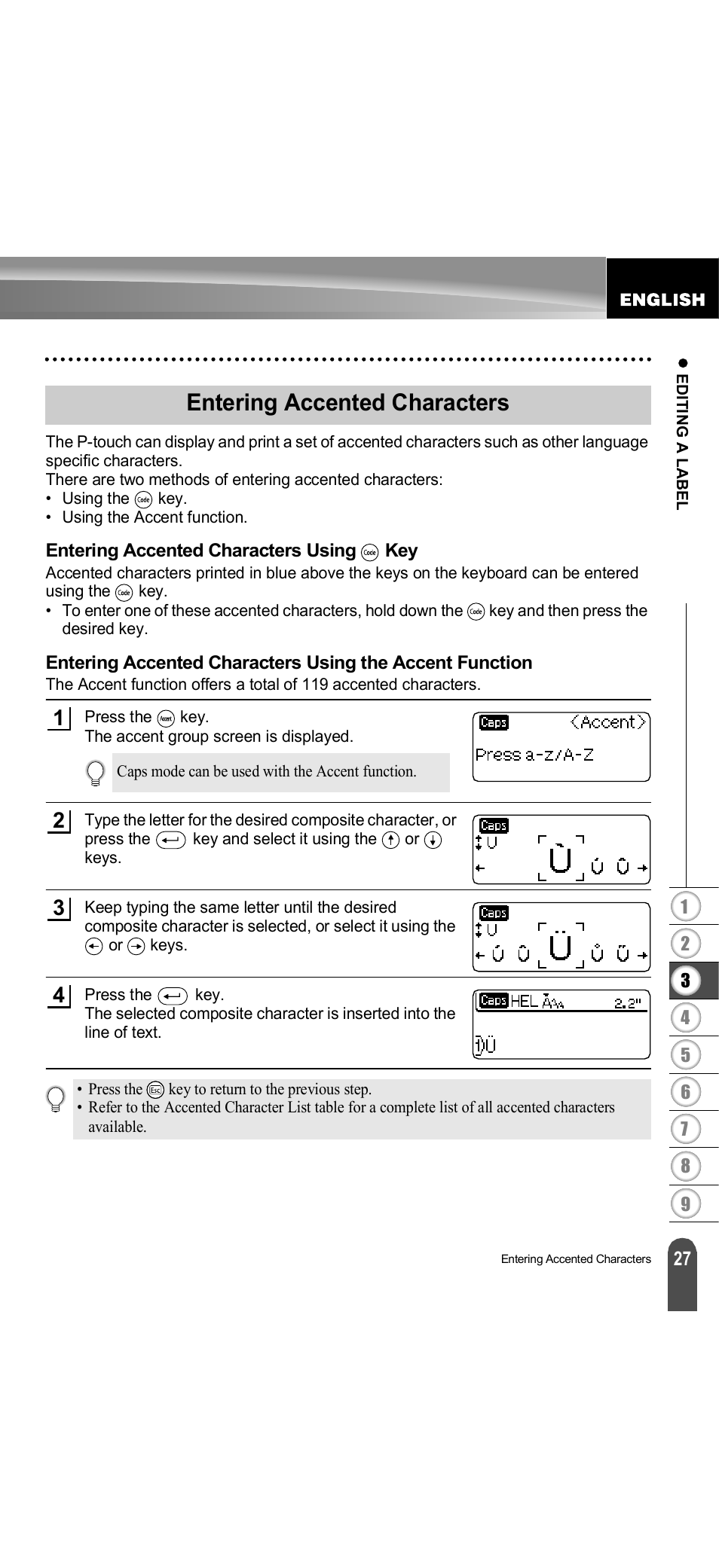 Entering accented characters, Entering accented characters using key, Entering accented characters using | Brother PT-18R User Manual | Page 33 / 71