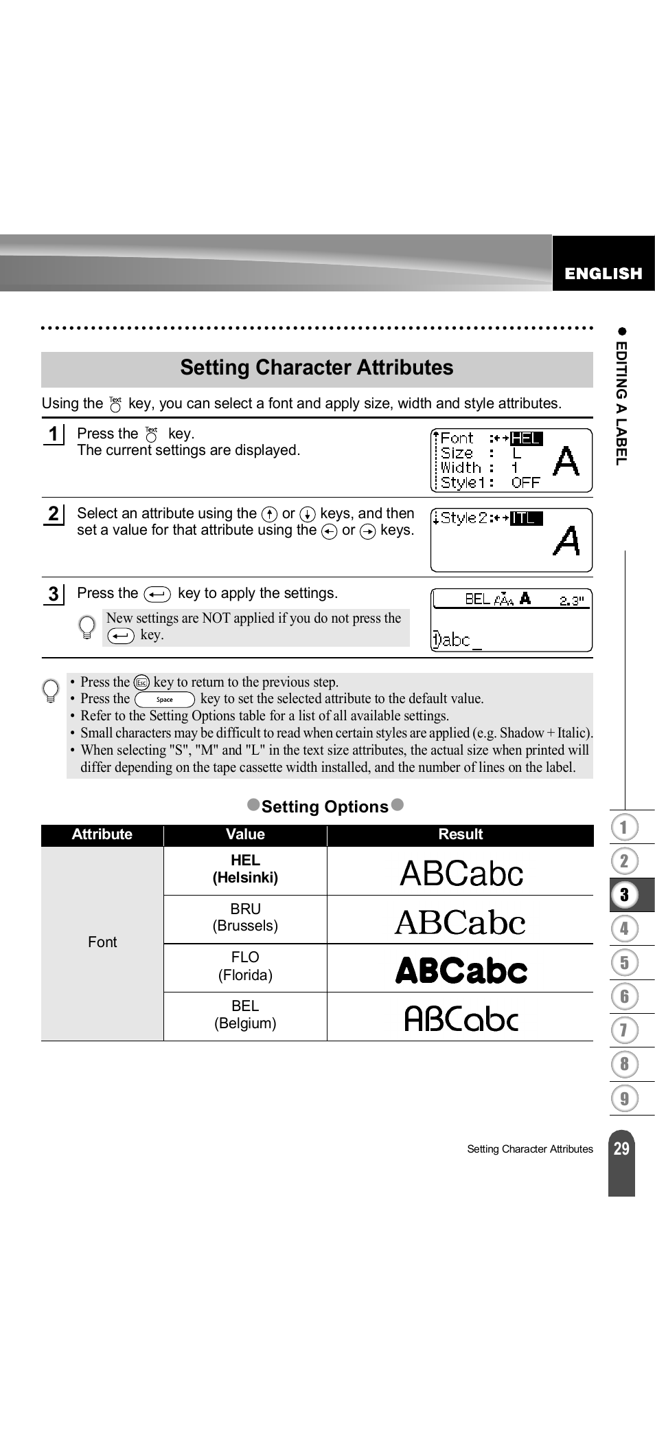 Setting character attributes, P. 29, Zsetting character attributes | Brother PT-18R User Manual | Page 35 / 71