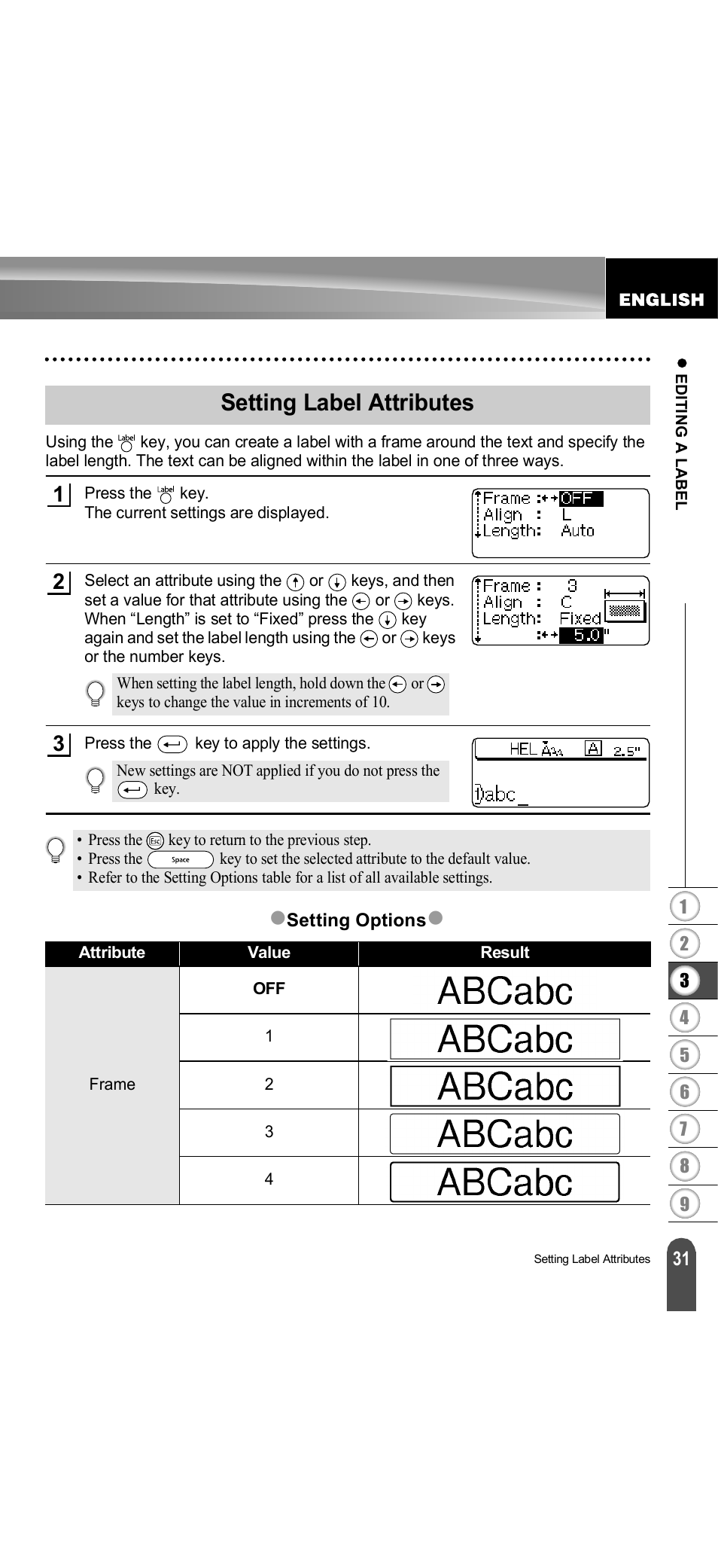 Setting label attributes, Zsetting label attributes | Brother PT-18R User Manual | Page 37 / 71