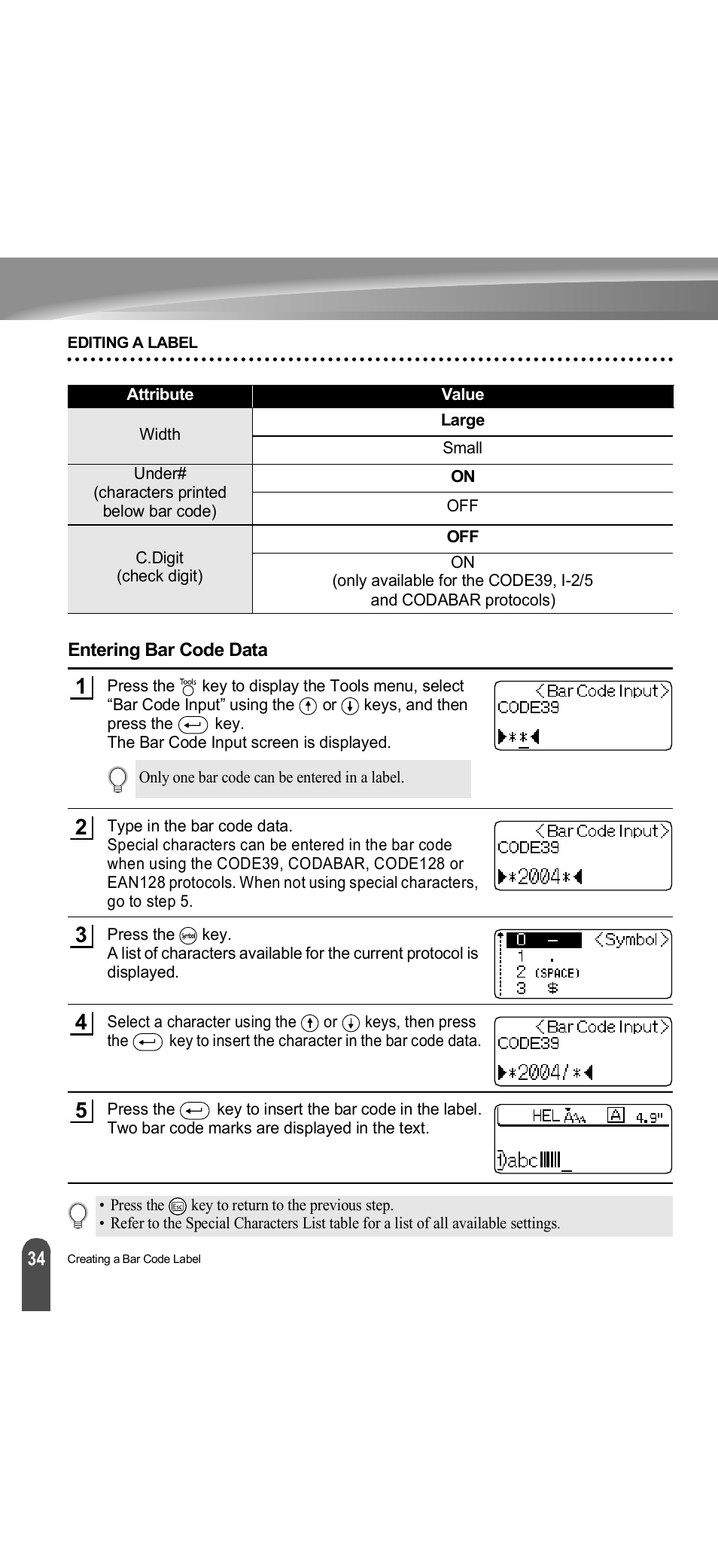 Entering bar code data | Brother PT-18R User Manual | Page 40 / 71