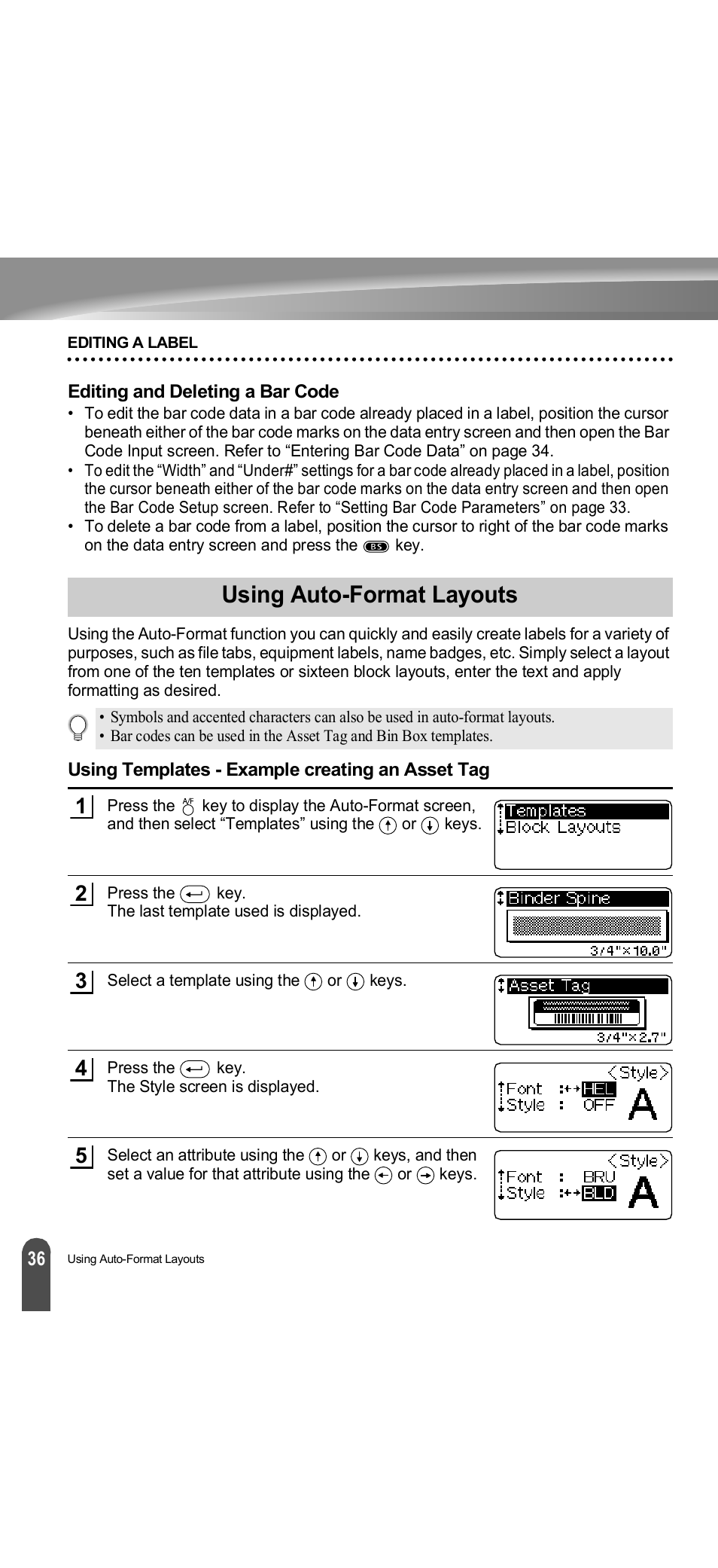 Editing and deleting a bar code, Using auto-format layouts, Using templates - example creating an asset tag | Brother PT-18R User Manual | Page 42 / 71