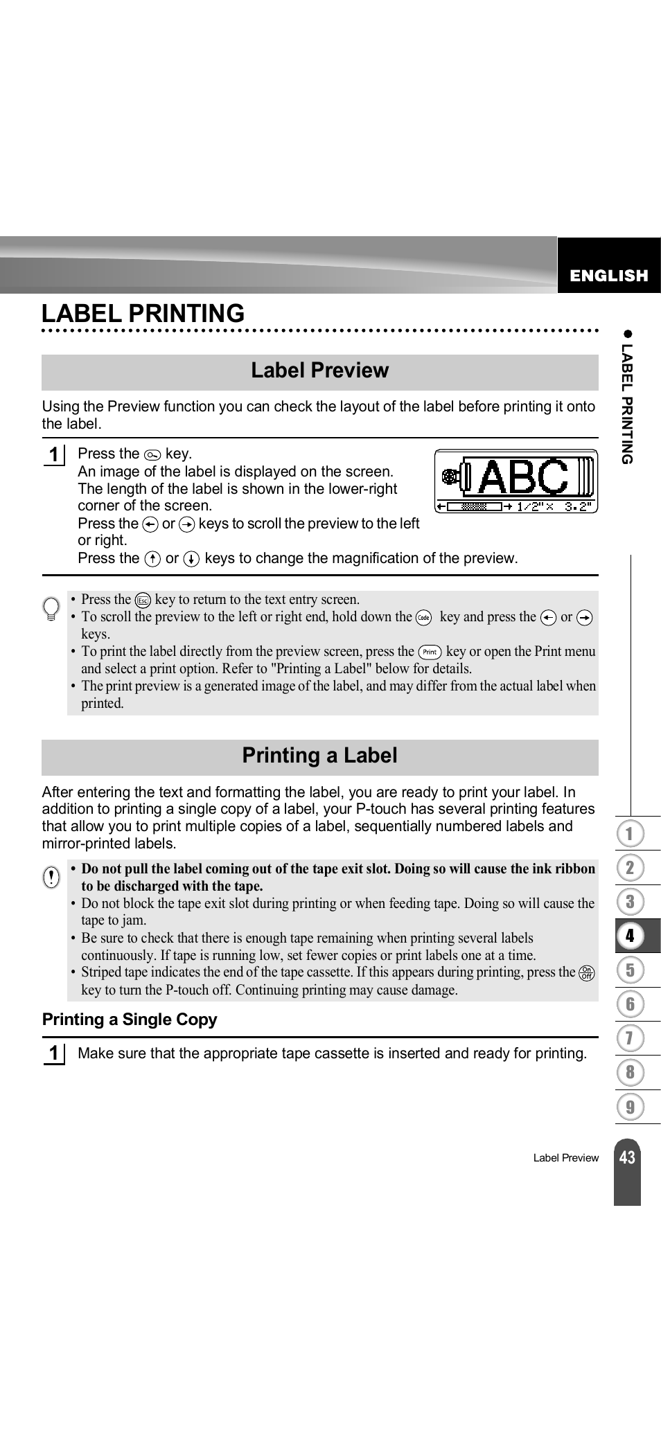 Label printing, Label preview, Printing a label | Printing a single copy, P. 43, Label preview printing a label | Brother PT-18R User Manual | Page 49 / 71