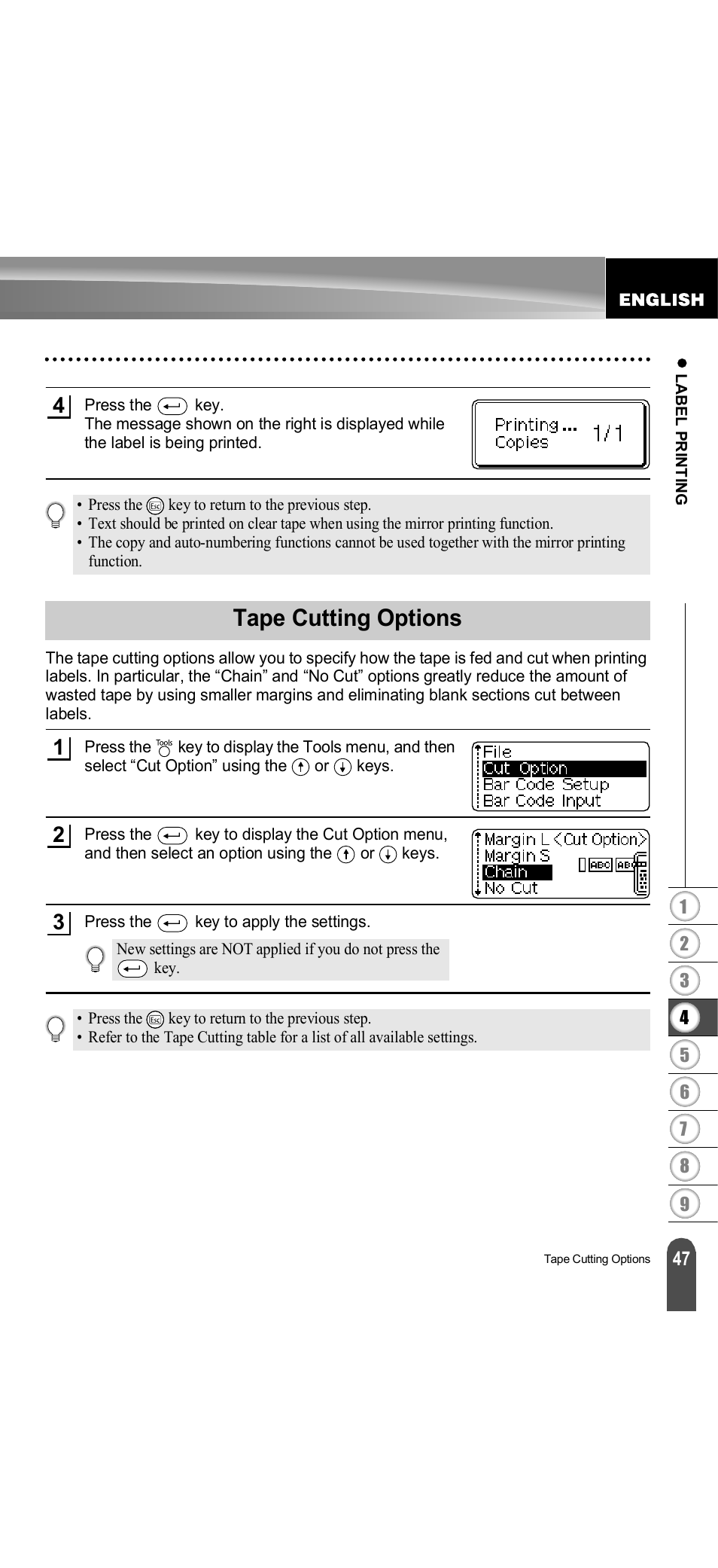 Tape cutting options, P. 47, Tape | Brother PT-18R User Manual | Page 53 / 71