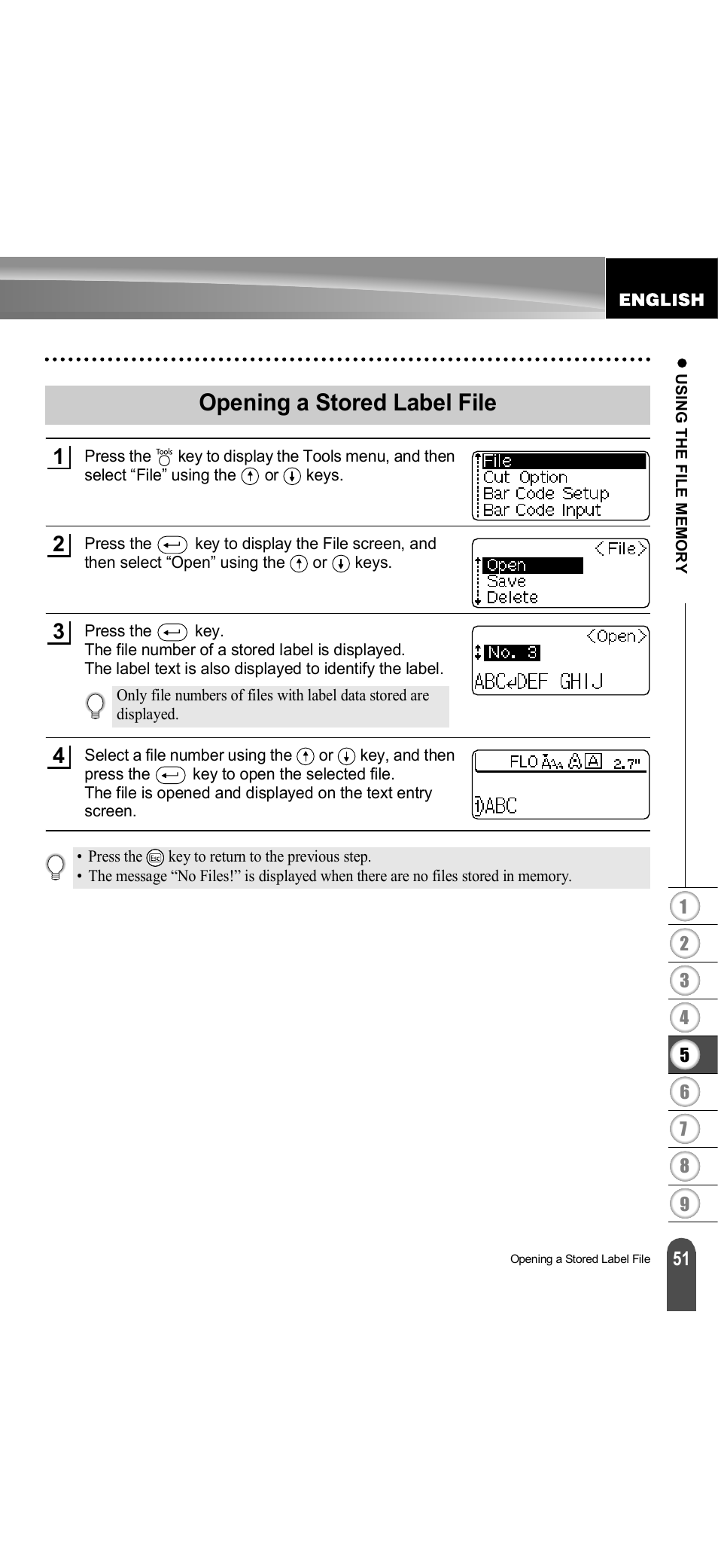 Opening a stored label file | Brother PT-18R User Manual | Page 57 / 71