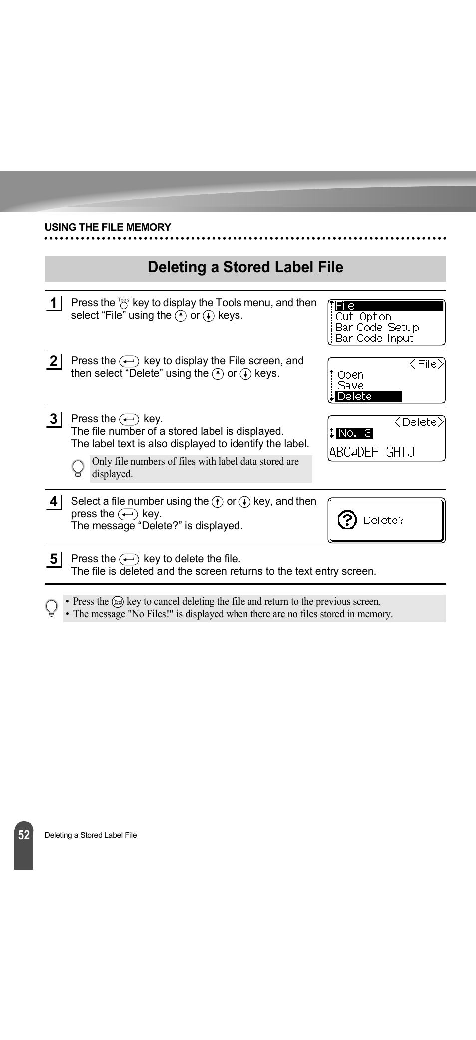 Deleting a stored label file | Brother PT-18R User Manual | Page 58 / 71