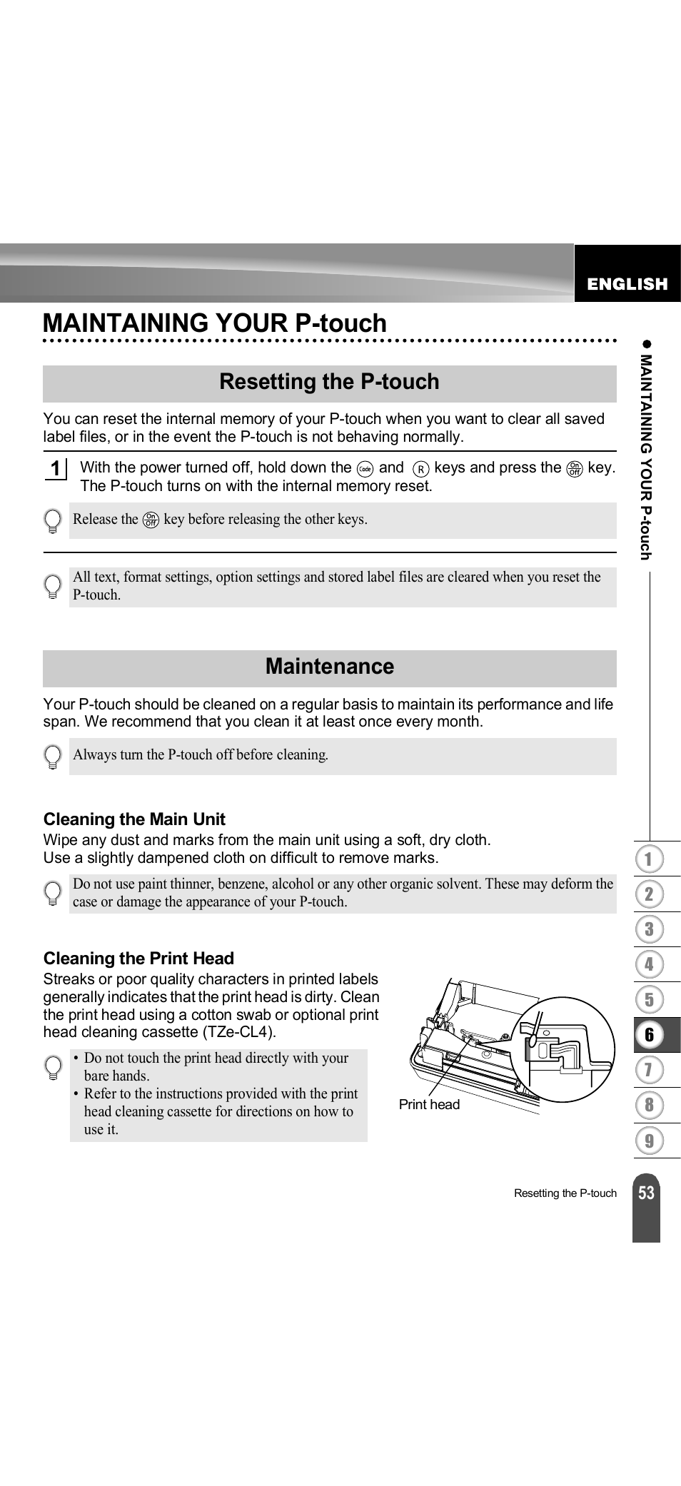 Maintaining your p-touch, Resetting the p-touch, Maintenance | Cleaning the main unit, Cleaning the print head, Resetting the p-touch maintenance, Cleaning the main unit cleaning the print head | Brother PT-18R User Manual | Page 59 / 71