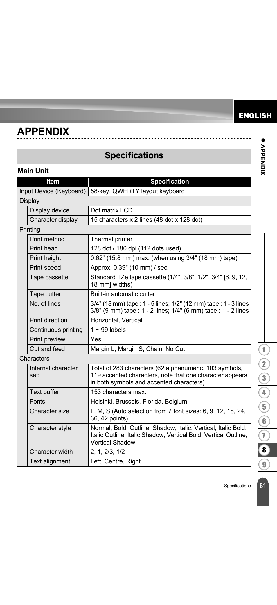 Appendix, Specifications | Brother PT-18R User Manual | Page 67 / 71