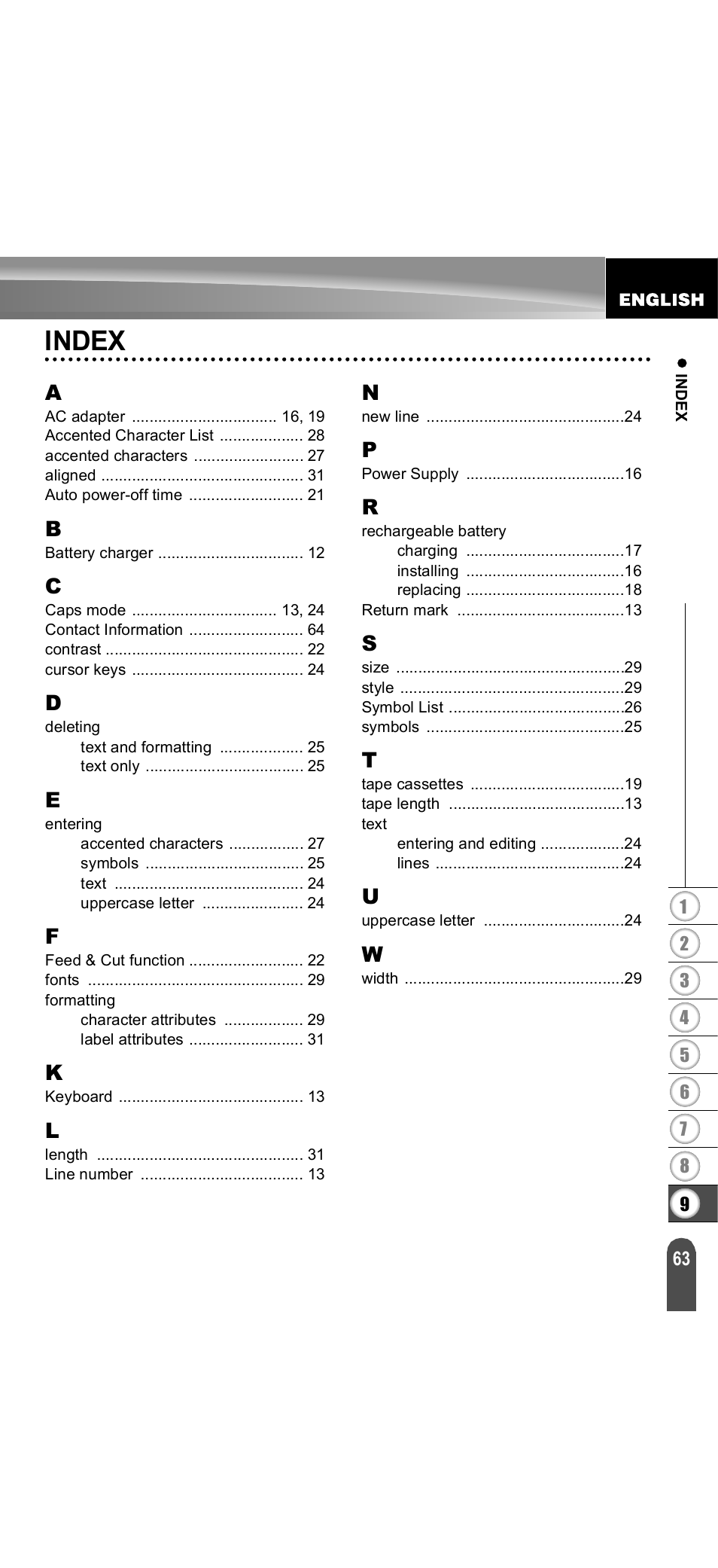 Index | Brother PT-18R User Manual | Page 69 / 71
