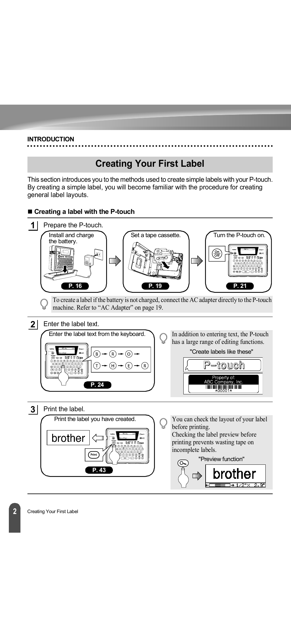 Creating your first label | Brother PT-18R User Manual | Page 8 / 71