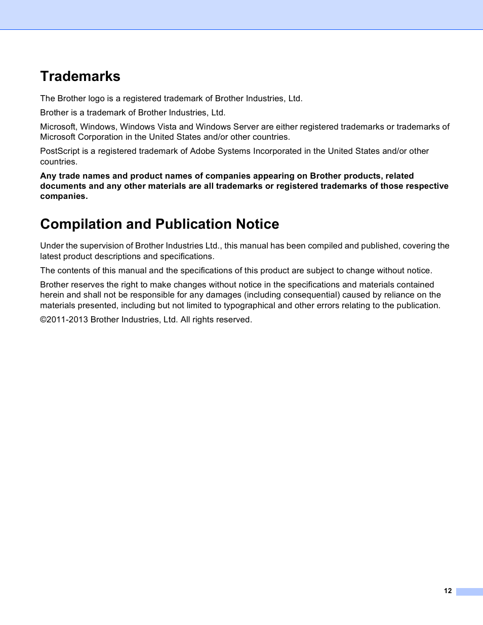 Trademarks, Compilation and publication notice | Brother Universal Printer Driver User Manual | Page 13 / 14