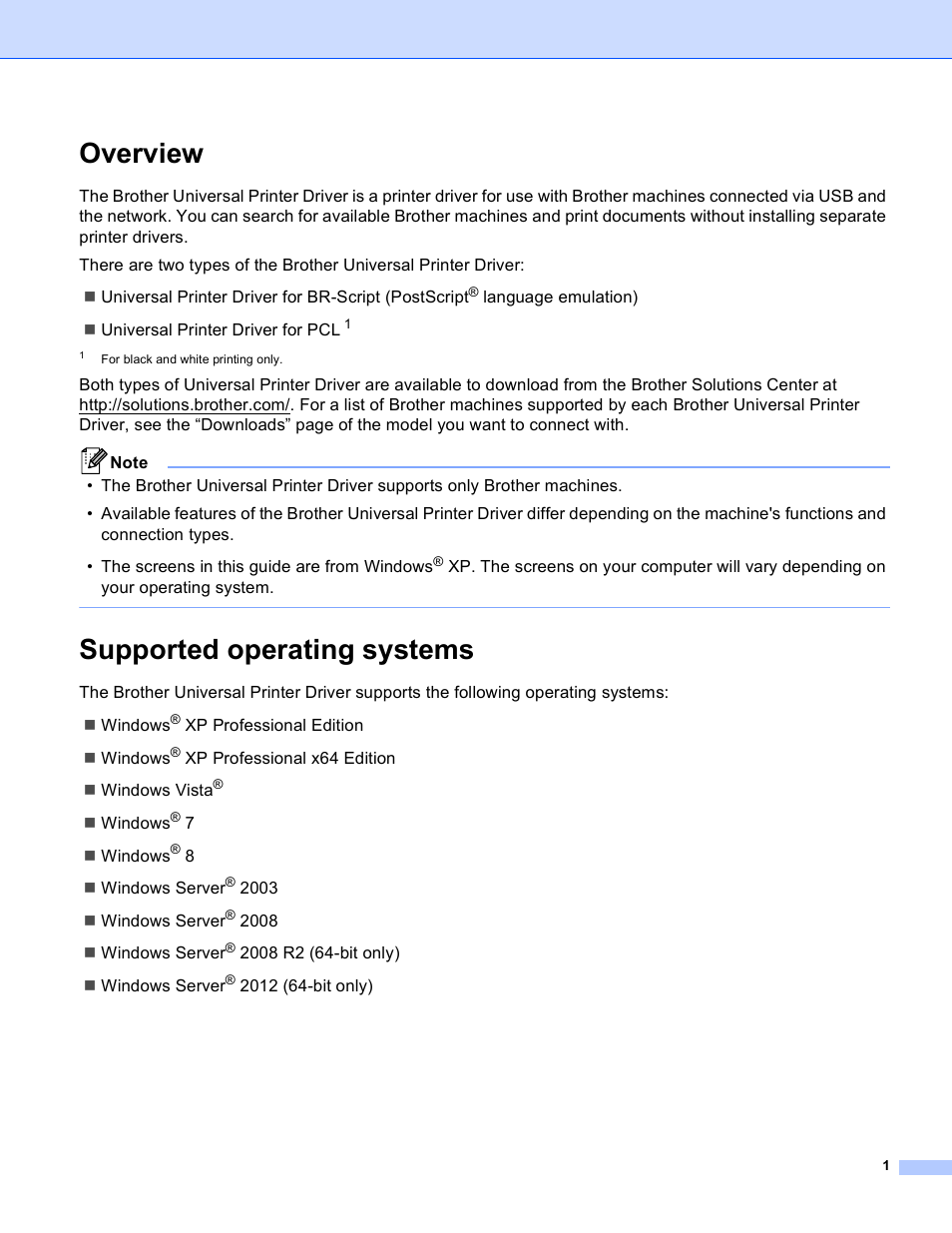 Overview, Supported operating systems | Brother Universal Printer Driver User Manual | Page 2 / 14