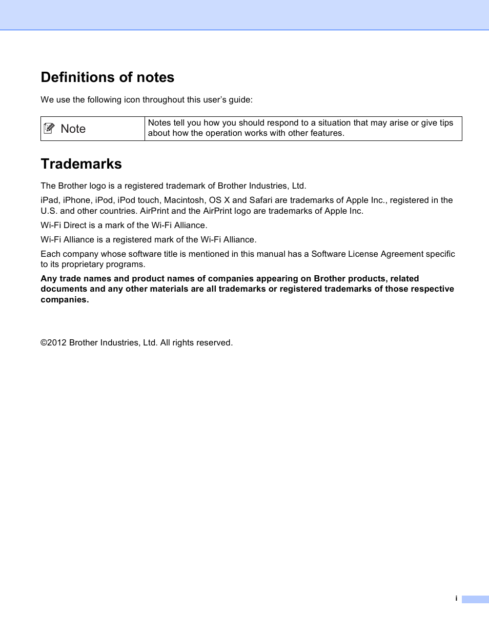 Definitions of notes, Trademarks | Brother MFC-8910DW User Manual | Page 2 / 13