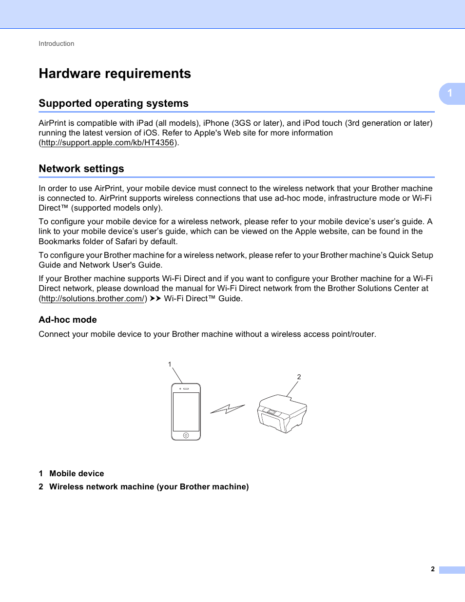 Hardware requirements, Supported operating systems, Network settings | Ad-hoc mode, Supported operating systems network settings | Brother MFC-8910DW User Manual | Page 5 / 13