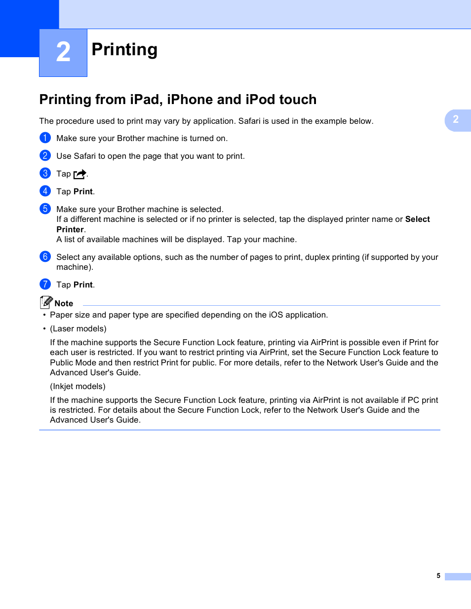 2 printing, Printing from ipad, iphone and ipod touch, Printing | Brother MFC-8910DW User Manual | Page 8 / 13
