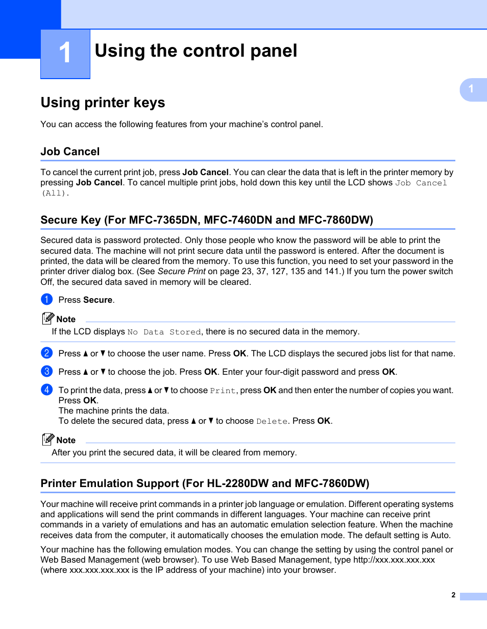 1 using the control panel, Using printer keys, Job cancel | Using the control panel | Brother MFC 7360N User Manual | Page 10 / 218