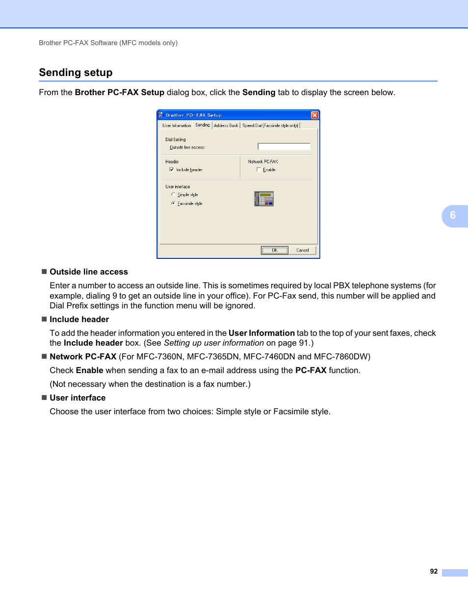 Sending setup, 6sending setup | Brother MFC 7360N User Manual | Page 100 / 218