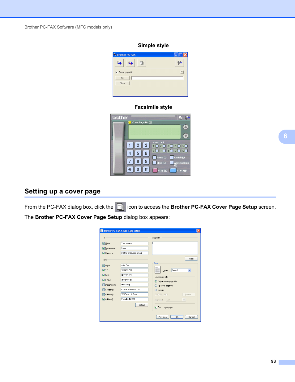 Setting up a cover page, Simple style, Facsimile style | Brother MFC 7360N User Manual | Page 101 / 218