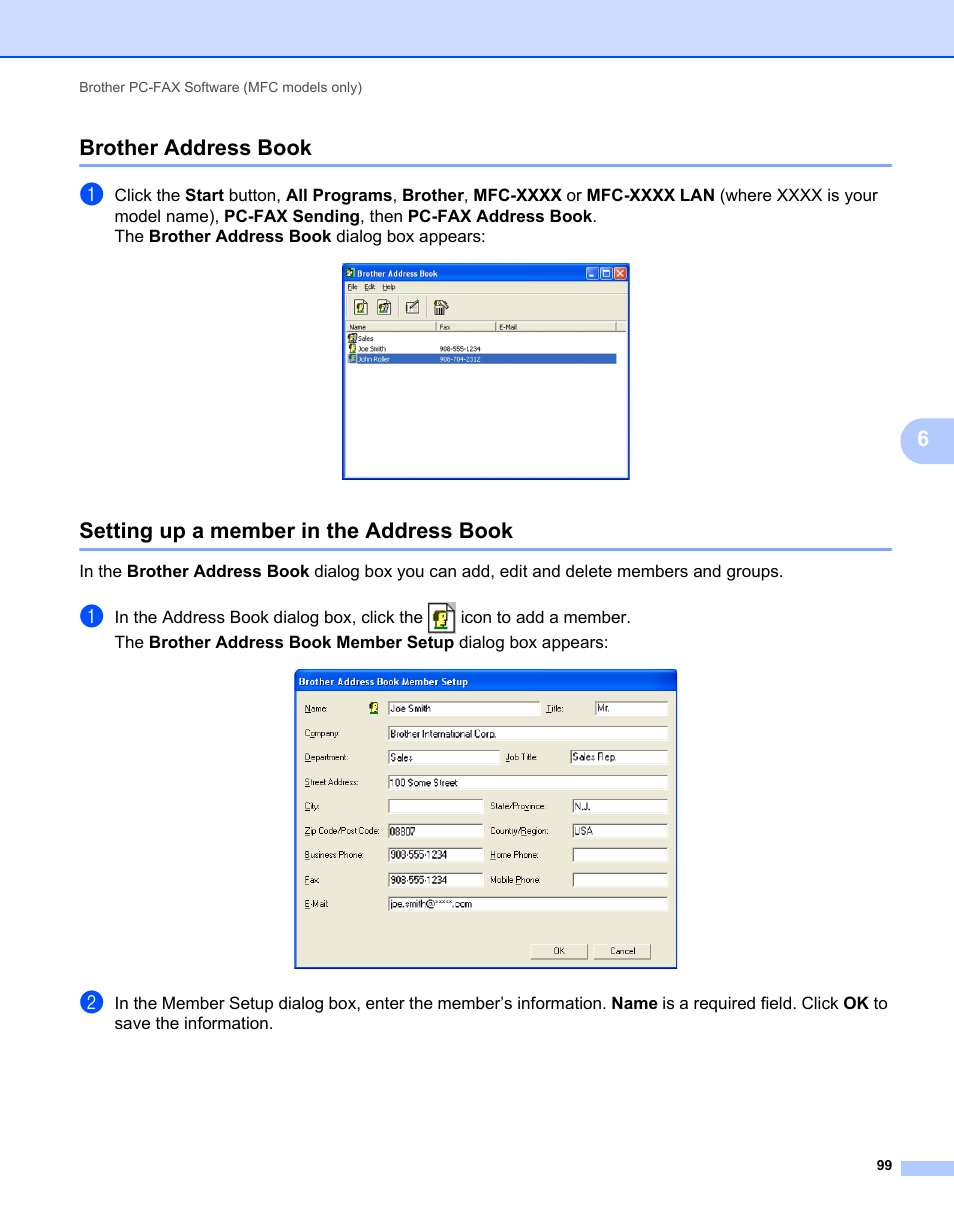 Brother address book, Setting up a member in the address book, 6brother address book | Brother MFC 7360N User Manual | Page 107 / 218