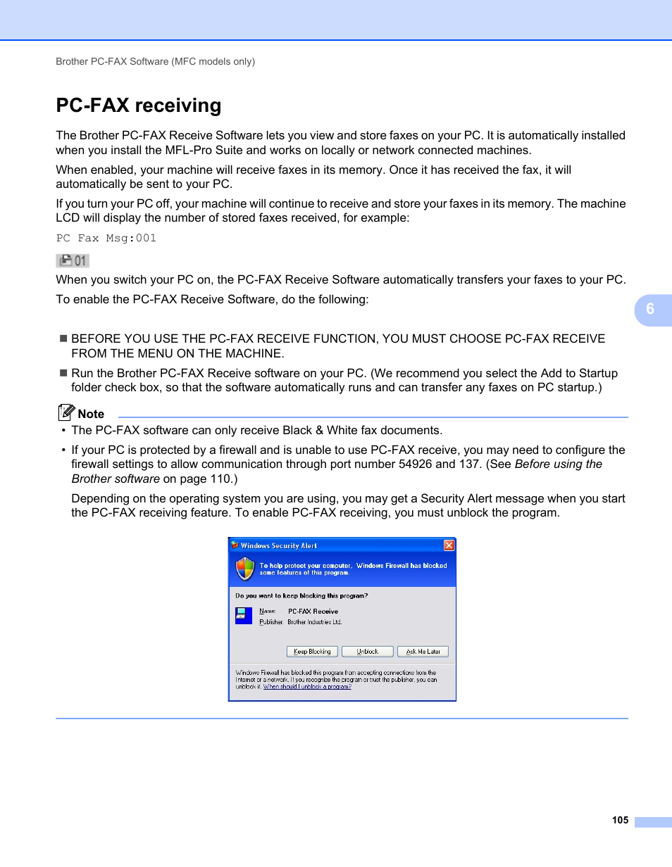 Pc-fax receiving | Brother MFC 7360N User Manual | Page 113 / 218