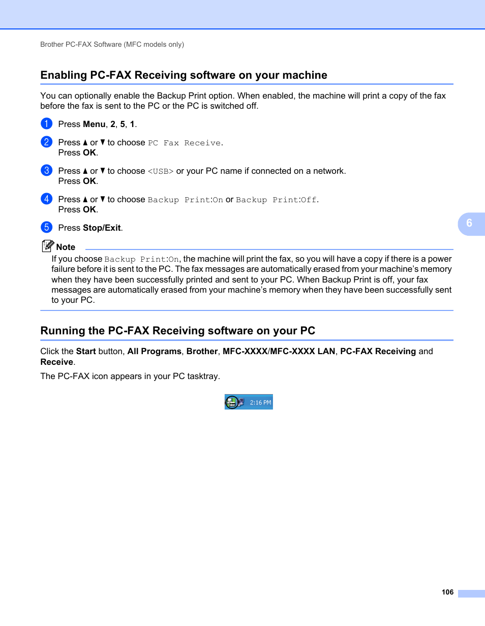 Enabling pc-fax receiving software on your machine, Running the pc-fax receiving software on your pc | Brother MFC 7360N User Manual | Page 114 / 218