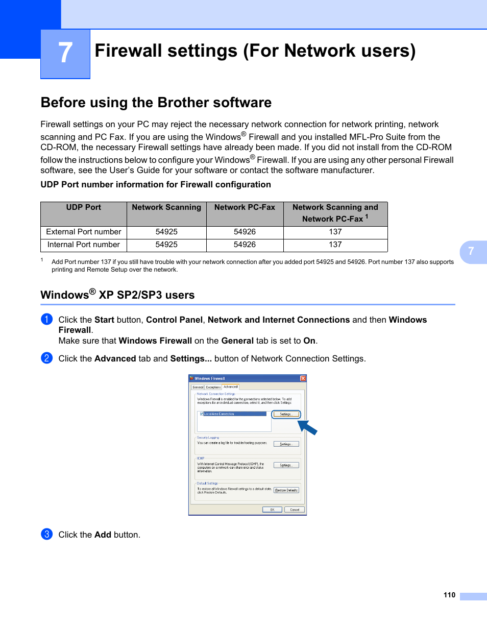 7 firewall settings (for network users), Before using the brother software, Windows® xp sp2/sp3 users | Firewall settings (for network users), Windows, Xp sp2/sp3 users | Brother MFC 7360N User Manual | Page 118 / 218