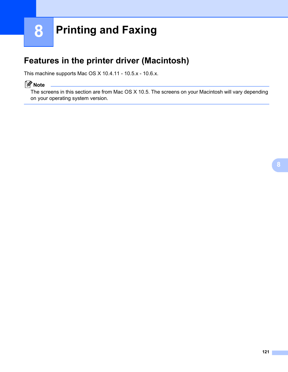 8 printing and faxing, Features in the printer driver (macintosh), Printing and faxing | Brother MFC 7360N User Manual | Page 129 / 218
