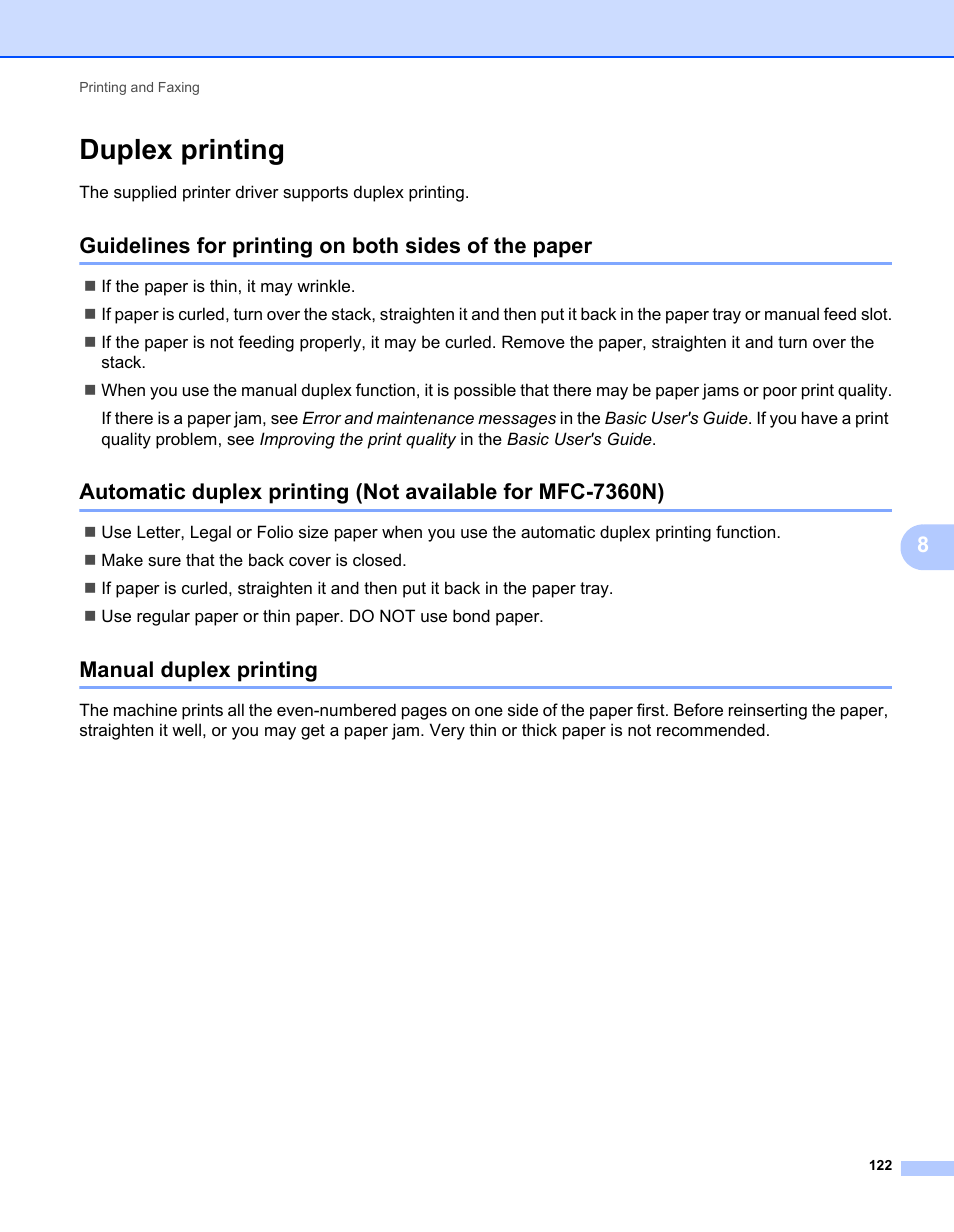 Duplex printing, Guidelines for printing on both sides of the paper, Manual duplex printing | Brother MFC 7360N User Manual | Page 130 / 218