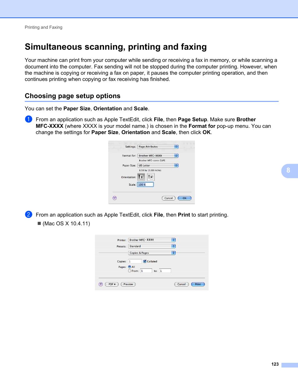 Simultaneous scanning, printing and faxing, Choosing page setup options | Brother MFC 7360N User Manual | Page 131 / 218