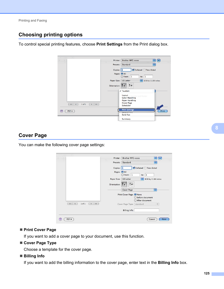 Choosing printing options, 8choosing printing options, Cover page | Brother MFC 7360N User Manual | Page 133 / 218