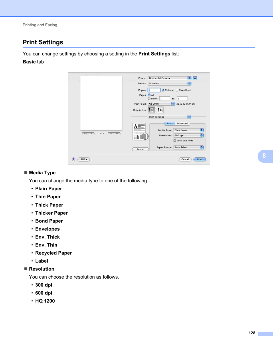 Print settings, 8print settings | Brother MFC 7360N User Manual | Page 136 / 218