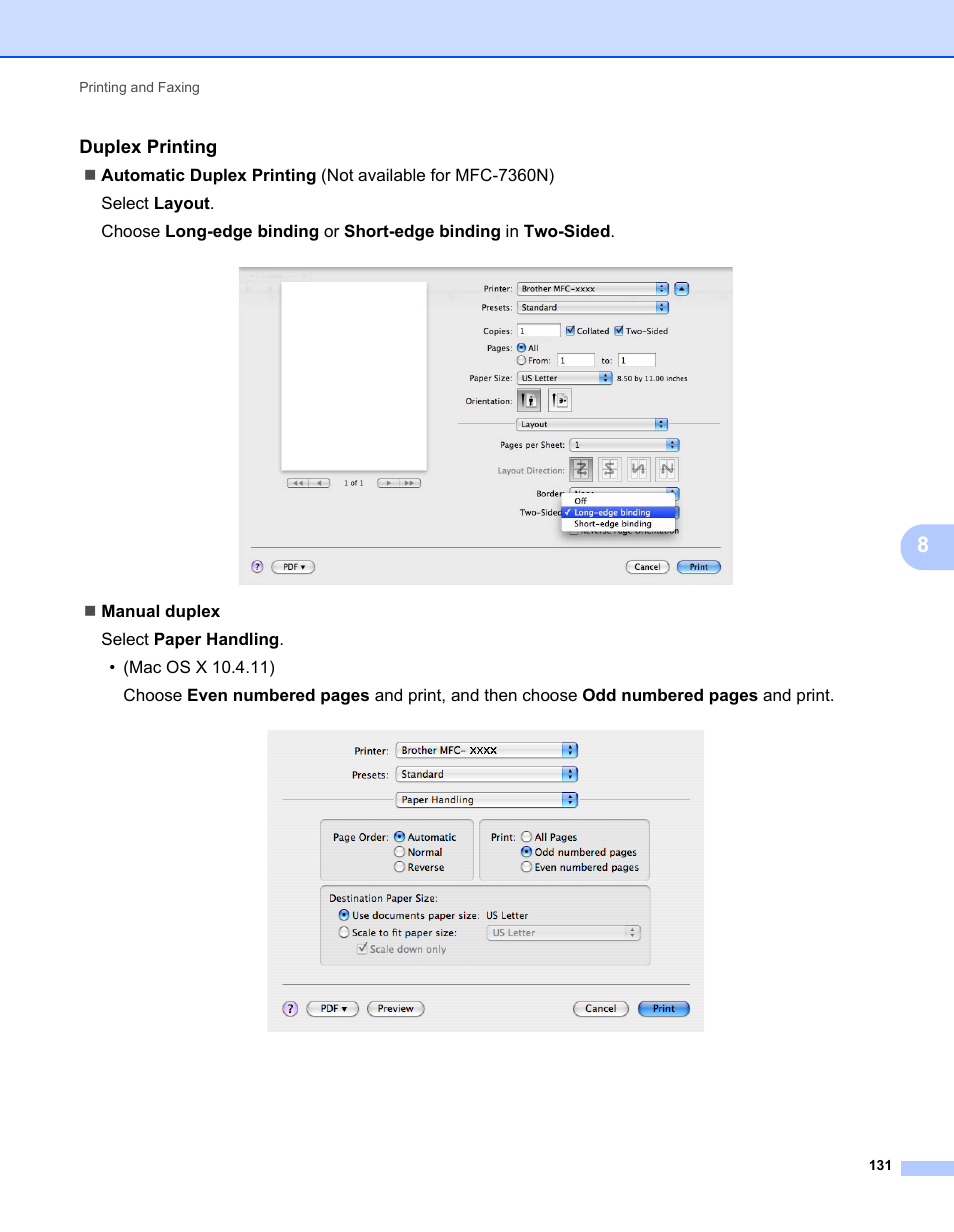 Duplex printing | Brother MFC 7360N User Manual | Page 139 / 218