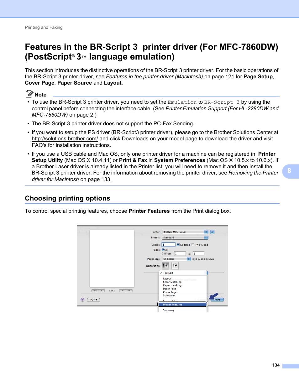 Choosing printing options, Postscript, 3™ language emulation) | Language emulation) | Brother MFC 7360N User Manual | Page 142 / 218