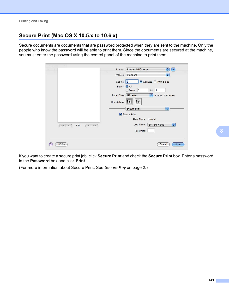 Secure print (mac os x 10.5.x to 10.6.x), ) if | Brother MFC 7360N User Manual | Page 149 / 218