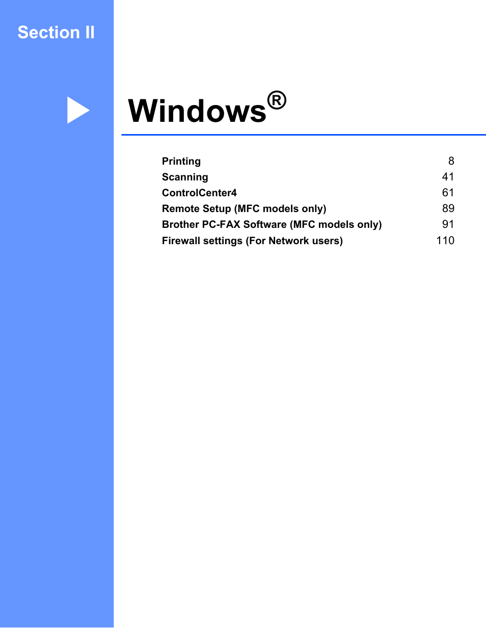 Windows, Section ii windows | Brother MFC 7360N User Manual | Page 15 / 218