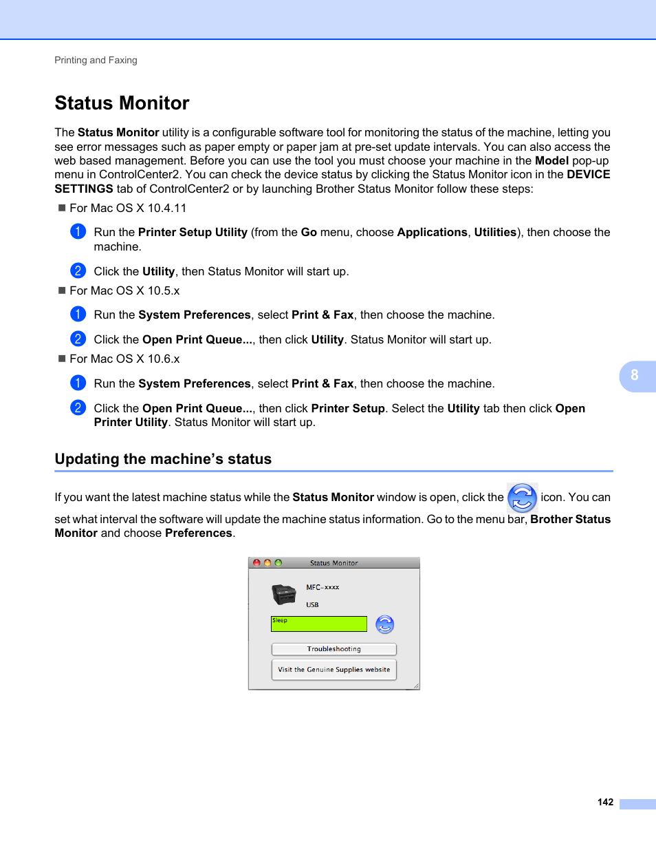 Status monitor, Updating the machine’s status | Brother MFC 7360N User Manual | Page 150 / 218
