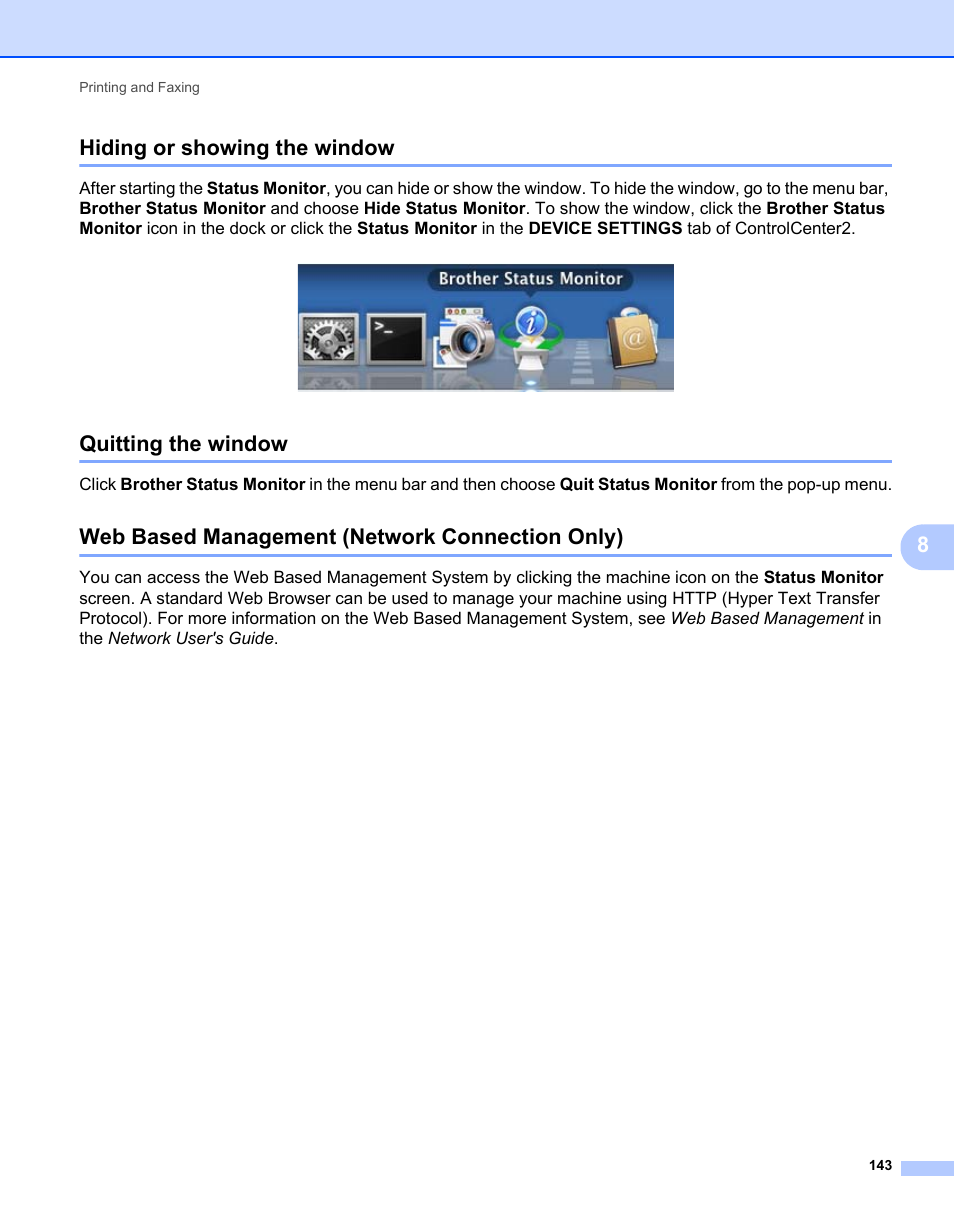 Hiding or showing the window, Quitting the window, Web based management (network connection only) | 8hiding or showing the window | Brother MFC 7360N User Manual | Page 151 / 218