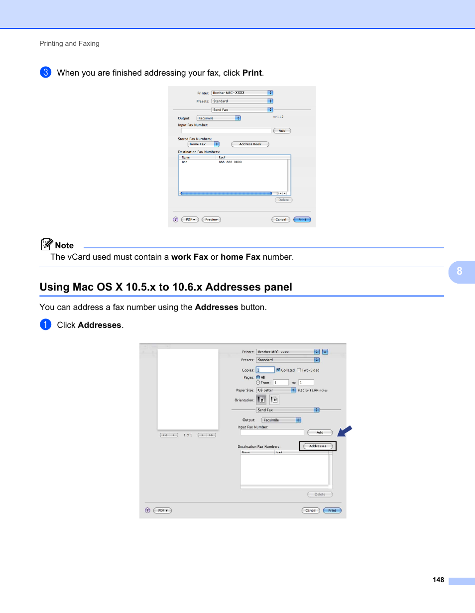 Using mac os x 10.5.x to 10.6.x addresses panel | Brother MFC 7360N User Manual | Page 156 / 218