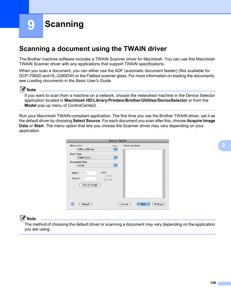 9 scanning, Scanning a document using the twain driver, Scanning | Brother MFC 7360N User Manual | Page 158 / 218
