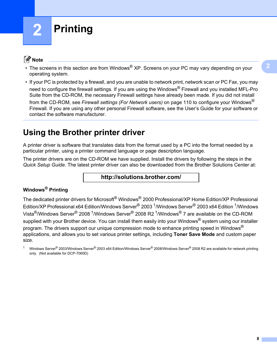 2 printing, Using the brother printer driver, Printing | Brother MFC 7360N User Manual | Page 16 / 218