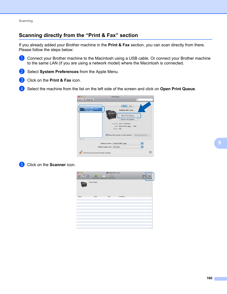 Scanning directly from the “print & fax” section | Brother MFC 7360N User Manual | Page 168 / 218