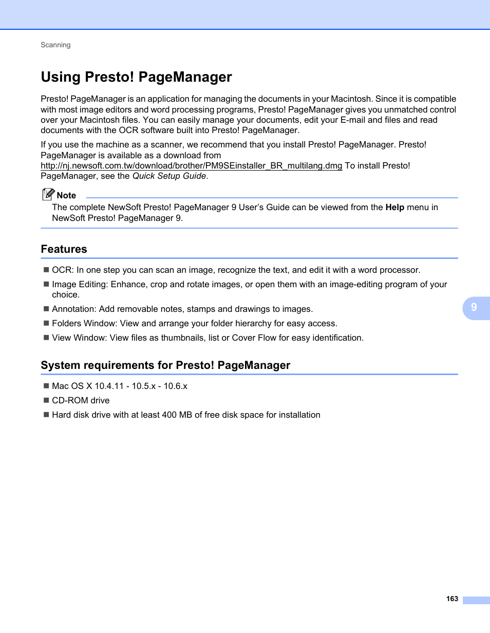 Features, Using presto! pagemanager, System requirements for presto! pagemanager | Brother MFC 7360N User Manual | Page 171 / 218