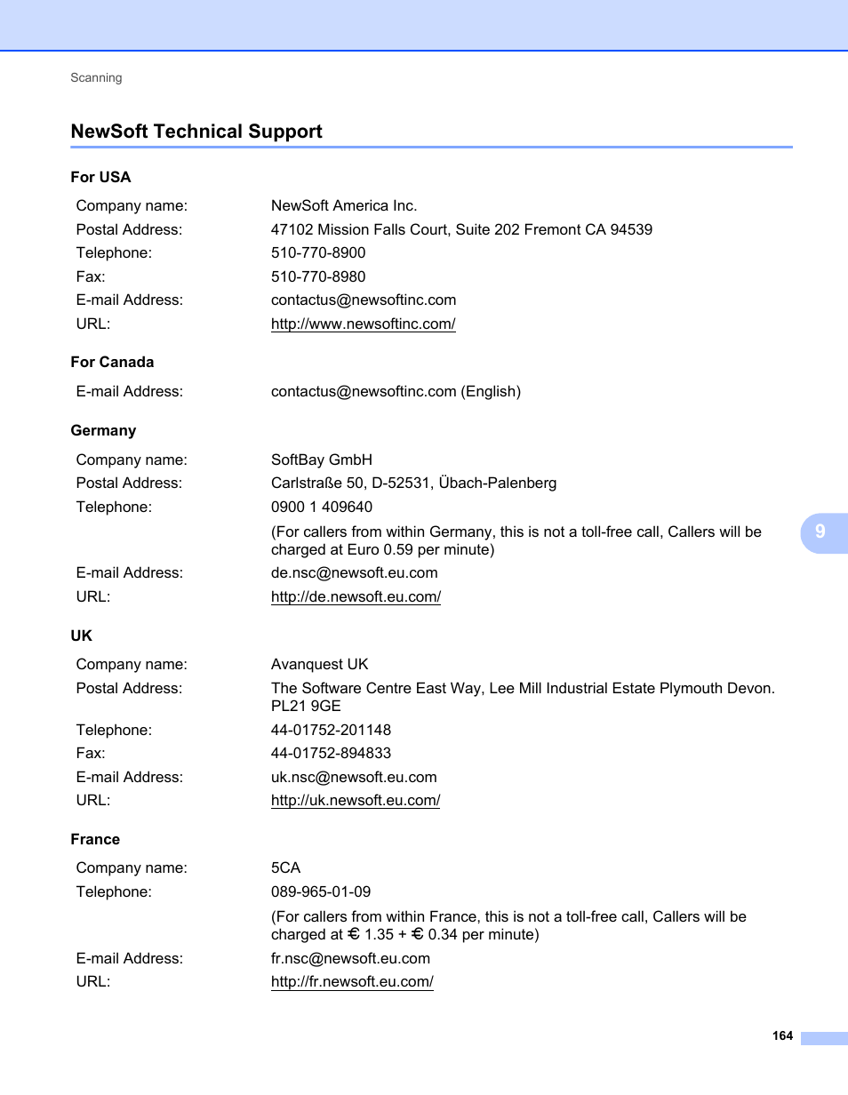 Newsoft technical support, 9newsoft technical support | Brother MFC 7360N User Manual | Page 172 / 218