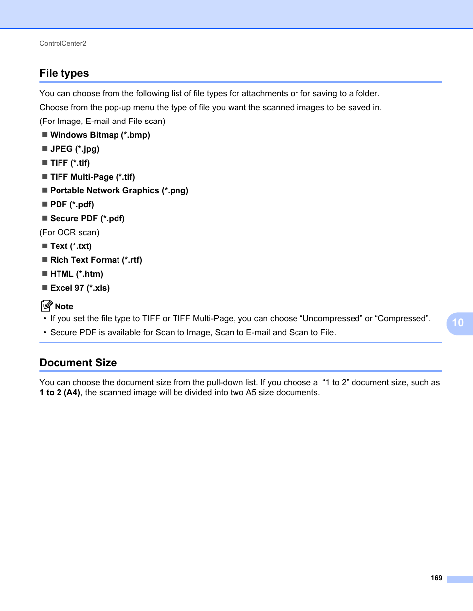 File types, Document size, File types document size | 10 file types | Brother MFC 7360N User Manual | Page 177 / 218